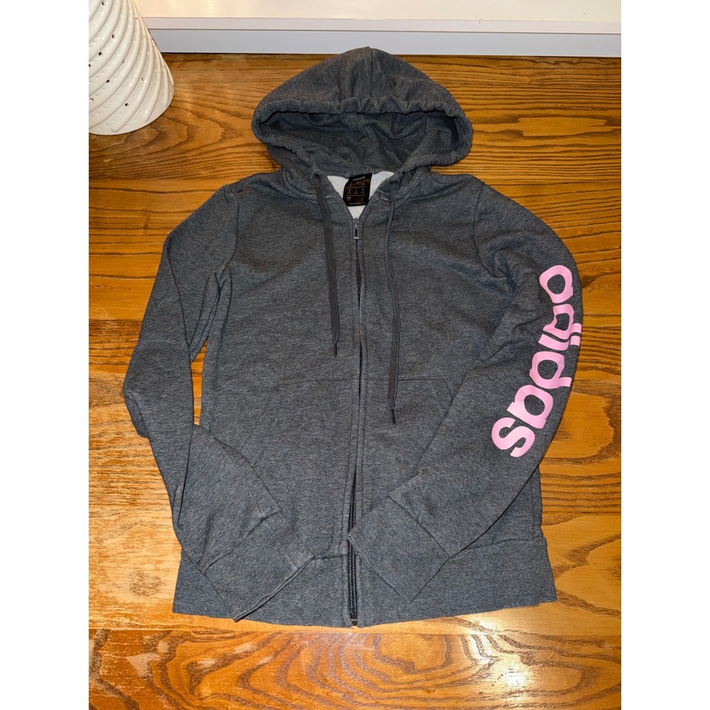 Kids Adidas Zip Up Hoodie Charcoal Pink Logo Activewear Size XS